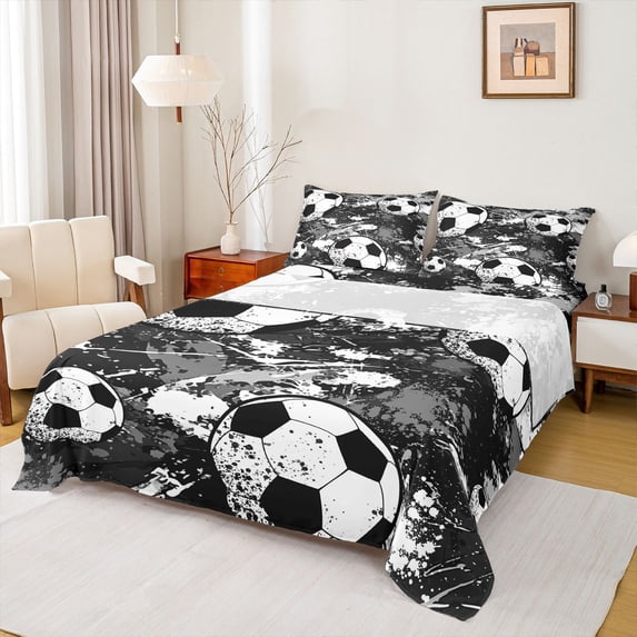 Homewish Boys Football Print Bed Sheets, Cartoon Soccer Player King Sheets, Black White Watercolor Sheet Set, Luxury Bedroom Decor, 4-Piece