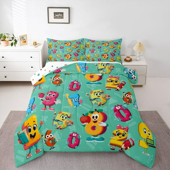 Homewish Boys Funny Number Bedding Comforter Set, Turquoise Cartoon Twin Comforter Sets, Square Triangle Abstract Reversible Bedding Set, Luxury Bedroom Decor, 2-Piece