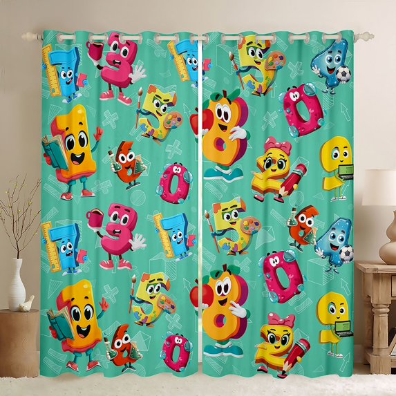 Homewish Boys Funny Number Black Out Curtains, Turquoise Cartoon Curtains Pack of 2 (42x63 Each), Square Triangle Abstract Bedroom Curtains, Black Out Curtains Decor