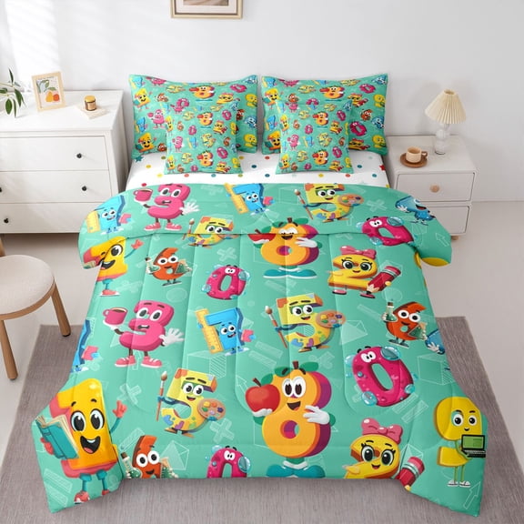 Homewish Boys Funny Number Twin Bedding Sets 7-Piece, Turquoise Cartoon Bedding Comforter Set, Square Triangle Abstract Reversible Sheet Sets, Luxury Bedroom Decor