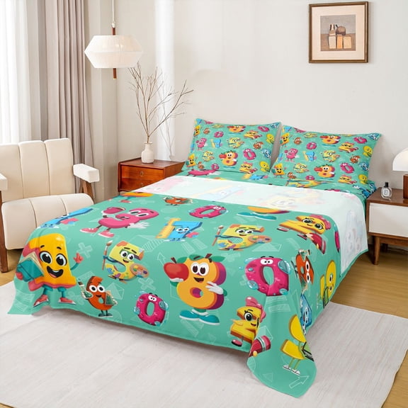 Homewish Boys Funny Number Twin Sheet Sets, Turquoise Cartoon Twin Fitted Sheet, Square Triangle Abstract Flat Sheet, Luxury Bedroom Decor, 3-Piece