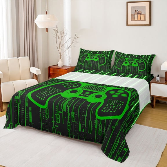 Homewish Boys Game Console Bed Sheets, Futuristic Stripes Abstract King Sheets, Green Modern Gamepad Sheet Set, Microfiber Bedroom Decor, 4 Pieces