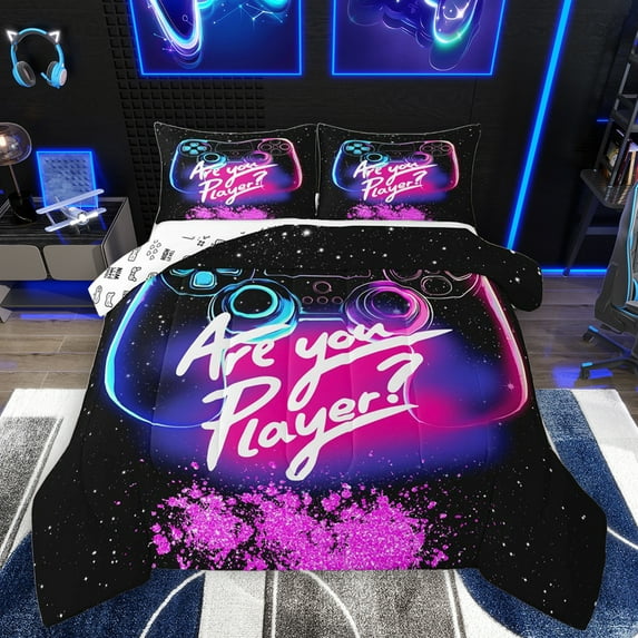 Homewish Boys Game Console Full Size Comforter Sets,Gamer Gaming Bedding Comforter Set,Pink Sparking Print Bedding Sets For Boys,Breathable Bedroom Decorative Reversible,3pcs