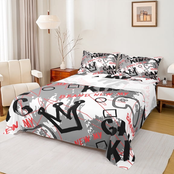 Homewish Boys Game Console Twin Sheet Sets, Modern Video Game Player Twin Fitted Sheet, White Grey Graffiti Flat Sheet, Ultra Soft Bedroom Decor, 3pcs