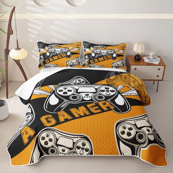 Homewish Boys Gamer Bed Spread Queen,Video Game Controller Queen Coverlet Set,Orange,3 Pieces