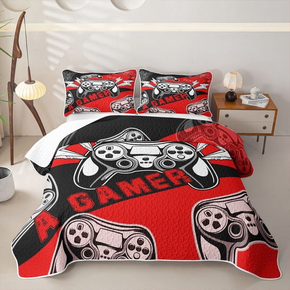 Homewish Boys Gamer Quilt Full,Video Game Controller Full Bedspread Sets,Red,3pcs