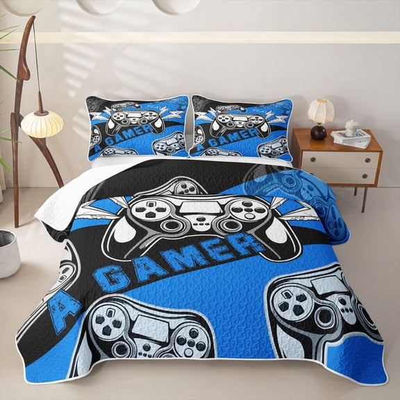 Homewish Boys Gamer Twin Quilt Set,Video Game Controller Twin Coverlet Set,Blue,2 Pieces