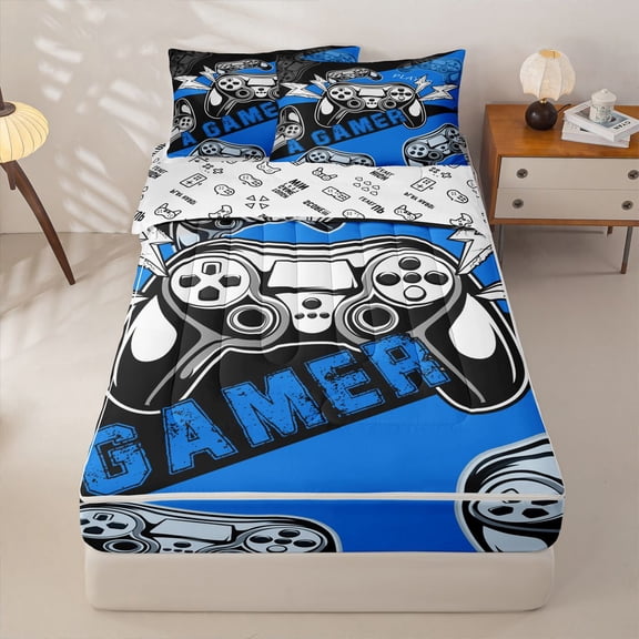 Homewish Boys Gamer Zipper Twin Comforter Sets with Fitted Sheet and 2 Pillowcases,Video Game Controller Zipper Bedding Set,Blue,Gamepad Reversible,4 Pieces