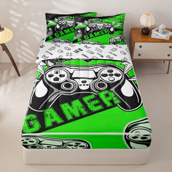 Homewish Boys Gamer Zipper Twin Comforter Sets with Fitted Sheet and 2 Pillowcases,Video Game Controller Zipper Bedding Set,Green,Gamepad Reversible,4-Piece