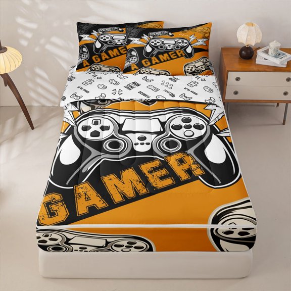 Homewish Boys Gamer Zipper Twin Comforter Sets with Fitted Sheet and 2 Pillowcases,Video Game Controller Zipper Bedding Set,Orange,Gamepad Reversible,4 Pieces