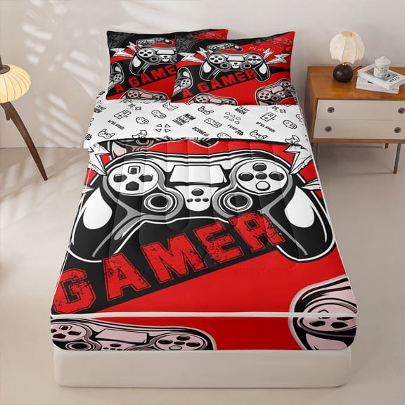 Homewish Boys Gamer Zipper Twin Comforter Sets with Fitted Sheet and 2 Pillowcases,Video Game Controller Zipper Bedding Set,Red,Gamepad Reversible,4-Piece