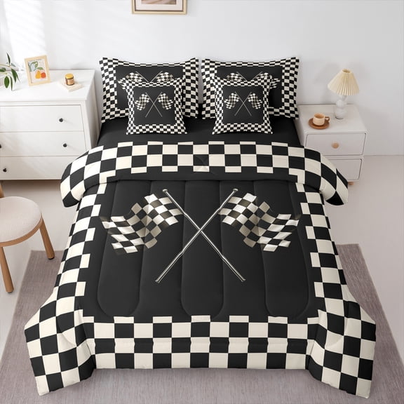Homewish Boys Geometric Grid Flag 7-Piece Bedding Comforter Set,Car Theme King Bedding Sets,Black White Ultra Soft Bed Sheets,Lightweight Room Decor,Reversible