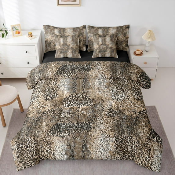 Homewish Boys Girls Abstract Animal Print Bedding Comforter Set 7 Pieces,Gradient Black Brown Full Bedding Set Lightweight,Animal Snake Print Fitted Sheet Flat Sheet,Lightweight Room Decor