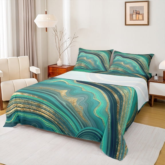 Homewish Boys Girls Abstract Gradient Marble Twin Sheet Sets 3pcs,Marbling Watercolor Twin Fitted Sheet Microfiber,Gold Metallic Stone Pattern Breathable Flat Sheet,Microfiber Bedroom Decor