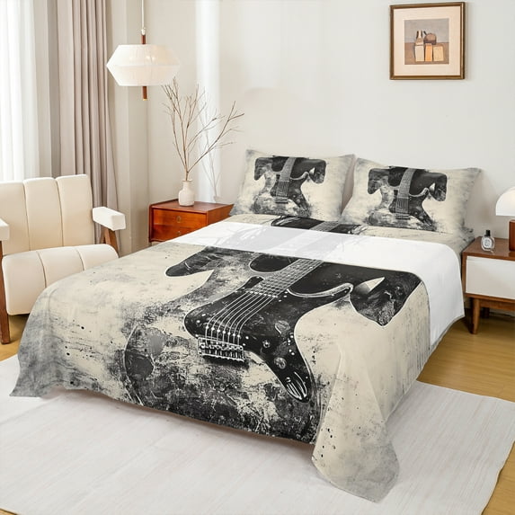 Homewish Boys Girls Abstract Guitar 4pcs Bed Sheets,Retro Vintage King Sheets,Music Melody Super Cozy Sheet Set,Super Cozy Room Decor