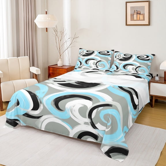 Homewish Boys Girls Abstract Stripes 4 Pieces Queen Sheet Sets,Vintage Aesthetic Ultra Soft Flat Sheet,Geometric Spiral Lines Queen Fitted Sheet,Ultra Soft Home Decor