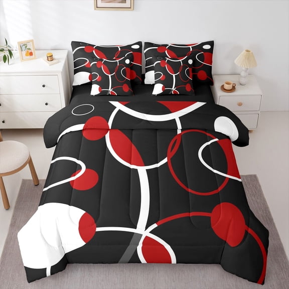 Homewish Boys Girls Abstract Stripes Twin Bedding Sets 7-Piece,Vintage Aesthetic Bedding Comforter Set Microfiber,Geometric Circle Lines Breathable Sheet Sets,Ultra Soft Home Decor,Reversible
