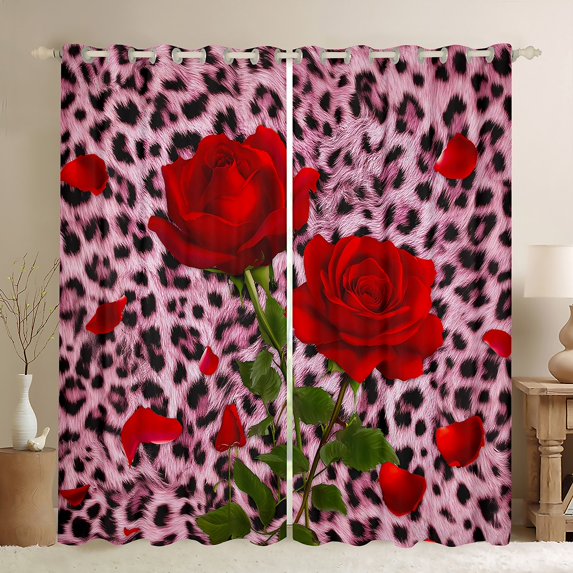 Homewish Boys Girls Animal Cheetah Print Black Out Curtains,Floral Wildlife Leopard Curtains Pack of 2 (42x63 Each),Chic Floral Red Rose Bedroom Curtains,Microfiber Bedroom Decor