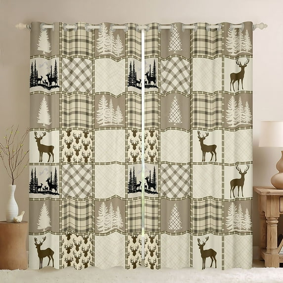 Homewish Boys Girls Animal Deer Curtains Pack of 2 (42x84 Each),Geometric Plaid Grid Curtains Blackout,Woodland Wildlife Bedroom Curtains,Breathable Home Decor