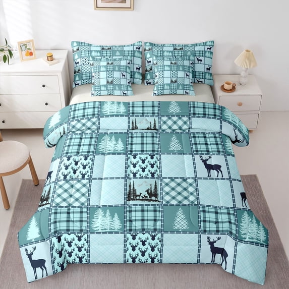 Homewish Boys Girls Animal Deer 7-Piece Twin Bedding Set - Plaid Woodland