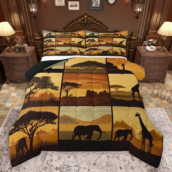 Homewish Boys Girls Animal Giraffe Lion Elephants 3 Pieces Queen Comforter Set,Vintage Retro Aesthetic Ultra Soft Bedding Sets,African Savanna Wildlife Bedding Comforter Set Breathable