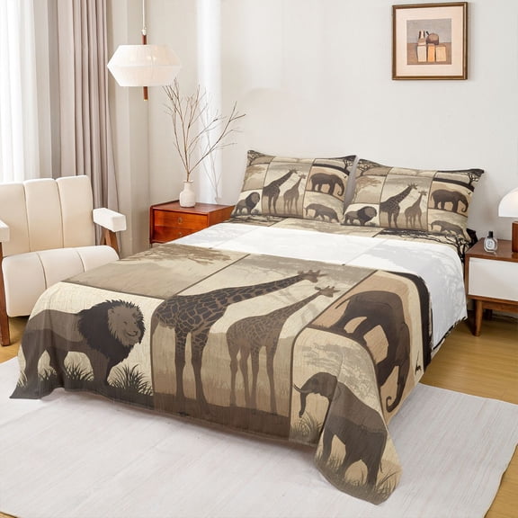 Homewish Boys Girls Animal Giraffe Lion Elephants Twin Sheet Sets 3pcs,Vintage Retro Aesthetic Twin Fitted Sheet Microfiber,African Savanna Wildlife Breathable Flat Sheet