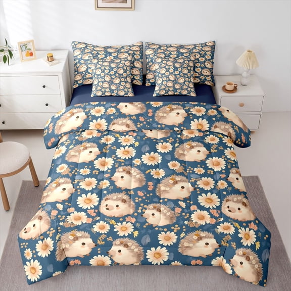 Homewish Boys Girls Animal Hedgehog Bedding Comforter Set 7 Pieces,Floral Daisy Full Bedding Set Lightweight,Flowers Wildlife Fitted Sheet Flat Sheet,Super Cozy Room Decor,Reversible