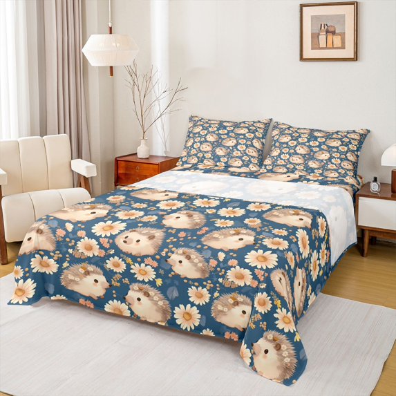 Homewish Boys Girls Animal Hedgehog Twin Sheet Sets 3pcs,Floral Daisy Twin Fitted Sheet Microfiber,Flowers Wildlife Breathable Flat Sheet,Super Cozy Room Decor
