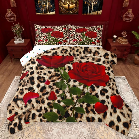 Homewish Boys Girls Animal Leopard Print Bedding Comforter Set 2pcs,Chic Floral Flower Rose Twin Comforter Sets Microfiber,Brown Red Green Breathable Bedding Set,Microfiber Bedroom Decor