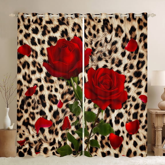 Homewish Boys Girls Animal Leopard Print Black Out Curtains,Chic Floral Flower Rose Curtains Pack of 2 (42x63 Each),Brown Red Green Bedroom Curtains,Microfiber Bedroom Decor