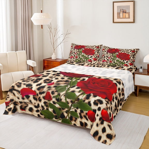 Homewish Boys Girls Animal Leopard Print Twin Sheet Sets 3pcs,Chic Floral Flower Rose Twin Fitted Sheet Microfiber,Brown Red Green Breathable Flat Sheet,Microfiber Bedroom Decor