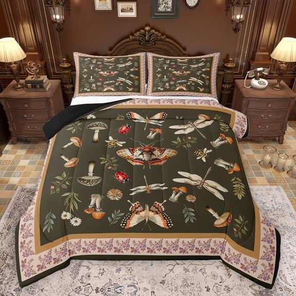 Homewish Boys Girls Animal Moth Ladybug Dragonfly Bedding Comforter Set 2pcs,Botanical Floral Mushroom Twin Comforter Sets Microfiber,Retro Vintage Aesthetic Breathable Bedding Set