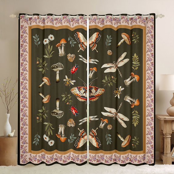 Homewish Boys Girls Animal Moth Ladybug Dragonfly Black Out Curtains,Botanical Floral Mushroom Curtains Pack of 2 (42x63 Each),Retro Vintage Aesthetic Bedroom Curtains,Luxury Bedroom Decor