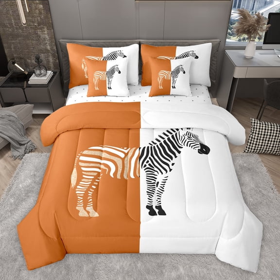 Homewish Boys Girls Animal Zebra Bedding Comforter Set 7 Pieces,Abstract Geometric Stripes Full Bedding Set Lightweight,Jungle Wildlife Fitted Sheet Flat Sheet,Lightweight Room Decor,Reversible