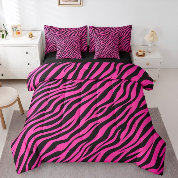 Homewish Boys Girls Animal Zebra Print Bedding Comforter Set 7-Piece,Abstract Geometric Stripes King Bedding Sets,Black Pink Ultra Soft Bed Sheets,Microfiber Bedroom Decor,Reversible