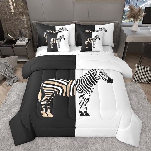 Homewish Boys Girls Animal Zebra Twin Bedding Sets 7-Piece,Abstract Geometric Stripes Bedding Comforter Set Microfiber,Jungle Wildlife Breathable Sheet Sets,Lightweight Room Decor,Reversible