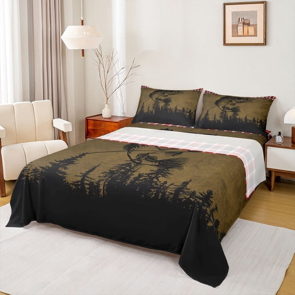 Homewish 4-Piece Queen Sheet Set, Bass Fish Fishing, Black Brown Breathable Bedding