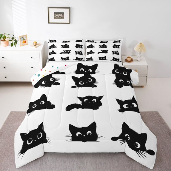 Homewish Boys Girls Black Cats Bedding Comforter Set 2pcs,Cartoon Animal Twin Comforter Sets Microfiber,Kawaii Pet Breathable Bedding Set,Super Cozy Room Decor,Reversible