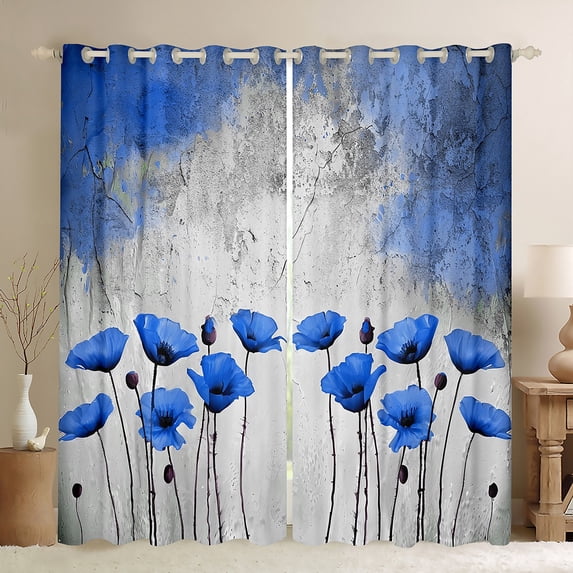 Homewish Boys Girls Blue Flowers Black Out Curtains,Abstract Vintage Curtains Pack of 2 (42x63 Each),Spring Garden Bedroom Curtains,Microfiber Bedroom Decor