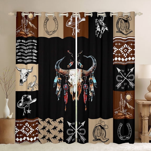 Homewish Boys Girls Bull Skull Black Out Curtains,Western Horseshoe Boots Curtains Pack of 2 (42x63 Each),Bohemian Aztec Bedroom Curtains,Luxury Bedroom Decor