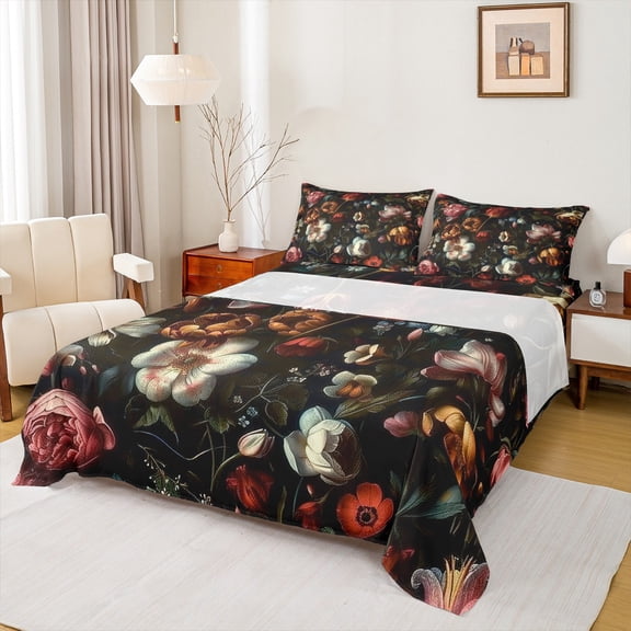 Homewish Boys Girls Chic Floral Flowers 4pcs Bed Sheets,Exotic Style King Sheets,Retro Vintage Aesthetic Super Cozy Sheet Set,Super Cozy Room Decor