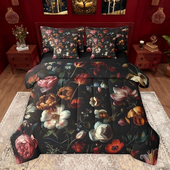 Homewish Boys Girls Chic Floral Flowers Bedding Comforter Set 7-Piece,Exotic Style King Bedding Sets,Retro Vintage Aesthetic Ultra Soft Bed Sheets,Super Cozy Room Decor,Reversible