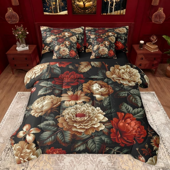 Homewish Boys Girls Chic Floral Flowers Bedding Comforter Set 7-Piece,Exotic Style King Bedding Sets,Vintage Aesthetic Ultra Soft Bed Sheets,Super Cozy Room Decor,Reversible