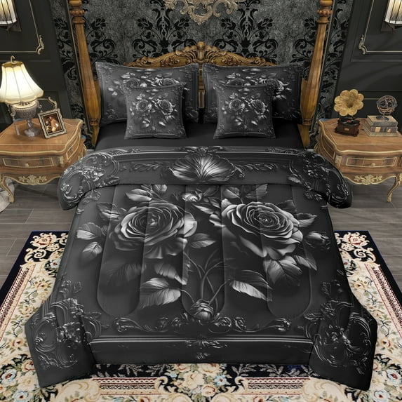 Homewish Boys Girls Chic Floral Flowers Rose Bedding Comforter Set 7-Piece,Exotic Style King Bedding Sets,Vintage Aesthetic Ultra Soft Bed Sheets,Super Cozy Room Decor,Reversible