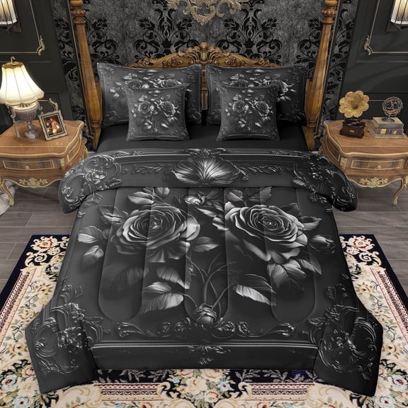 Homewish Boys Girls Chic Floral Flowers Rose Bedding Comforter Set 7pcs,Exotic Style Queen Bedding Sets Super Cozy,Vintage Aesthetic Queen Sheet Sets,Super Cozy Room Decor,Reversible