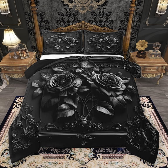 Homewish Boys Girls Chic Floral Flowers Rose Full Size Comforter Sets 3-Piece,Exotic Style Bedding Comforter Set,Vintage Aesthetic Lightweight Bedding Sets,Super Cozy Room Decor,Reversible