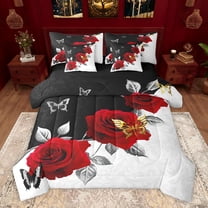 Homewish Boys Girls Chic Floral Red Rose Twin Bedding Sets 7-Piece,Happy Valentine'S Day Bedding Comforter Set Microfiber,Romantic Couple Lover Butterflies Breathable Sheet Sets