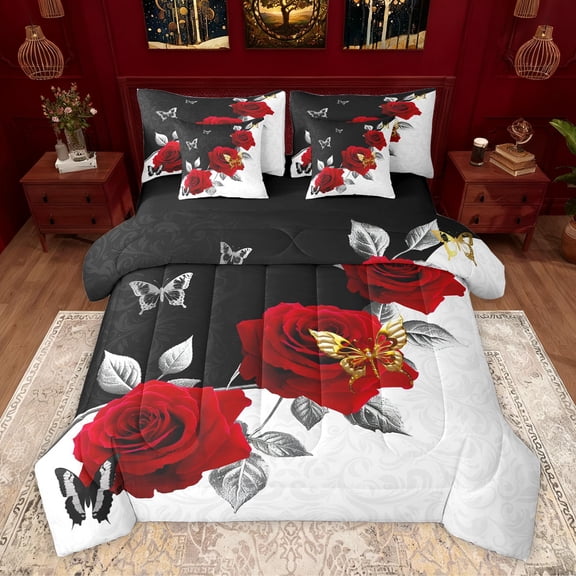 Homewish Boys Girls Chic Floral Red Rose Twin Bedding Sets 7-Piece,Happy Valentine'S Day Bedding Comforter Set Microfiber,Romantic Couple Lover Butterflies Breathable Sheet Sets