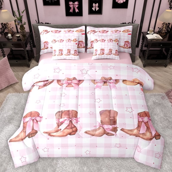 Homewish Boys Girls Cowgirl Bow Boots Bedding Comforter Set 7-Piece,Geometric Style King Bedding Sets,Western Theme Ultra Soft Bed Sheets,Super Cozy Room Decor,Reversible