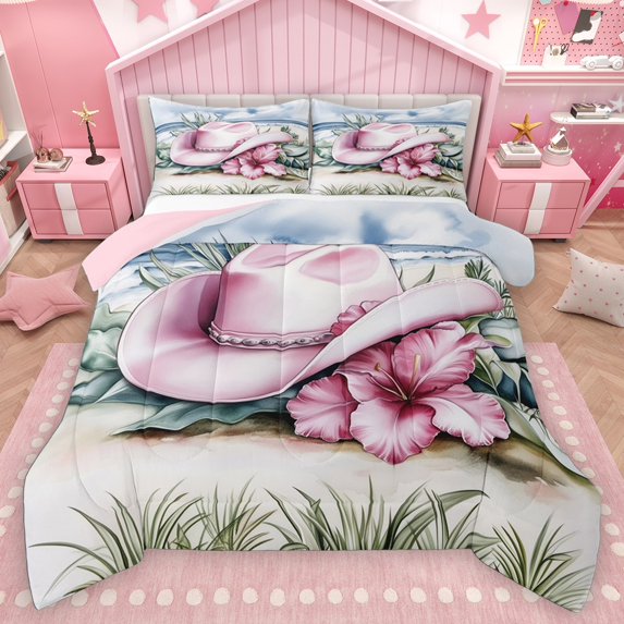 Homewish Boys Girls Cowgirl Bow Hat 3 Pieces Queen Comforter Set,Chic Pink Flowers Ultra Soft Bedding Sets,Western Theme Bedding Comforter Set Breathable,Super Cozy Room Decor,Reversible